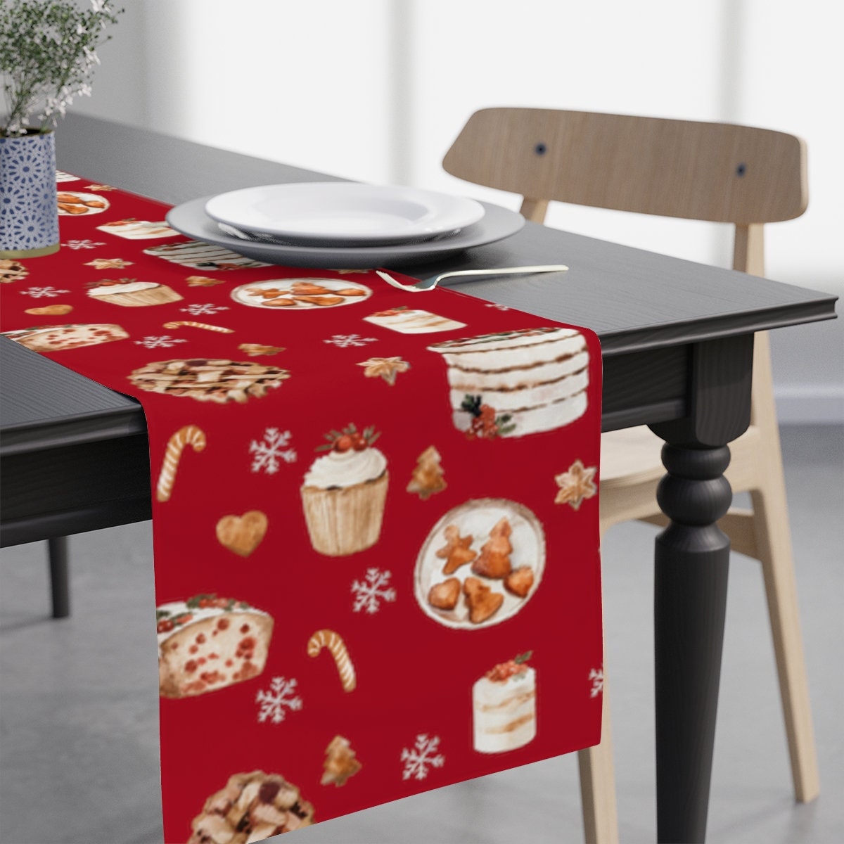 Kitchen Baking Table - Red Christmas Baking Table Runner, Holiday