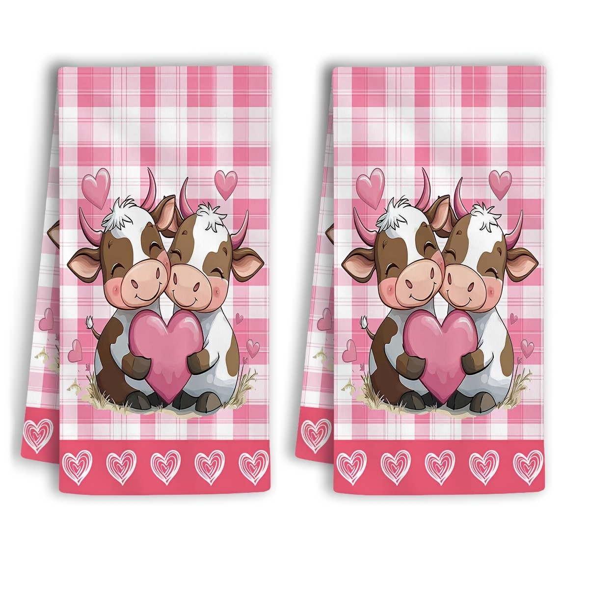 Kitchen Baking Cloth - 2Pcs, Valentine's Day Pink Plaid Heart-Shaped